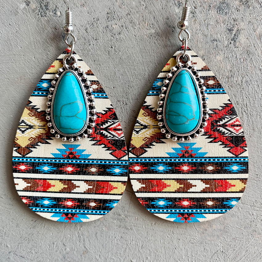 Aztec Pattern Wood Turquoise Teardrop Earrings for Women 2022 Western Inspired Earrings Boho Jewelry
