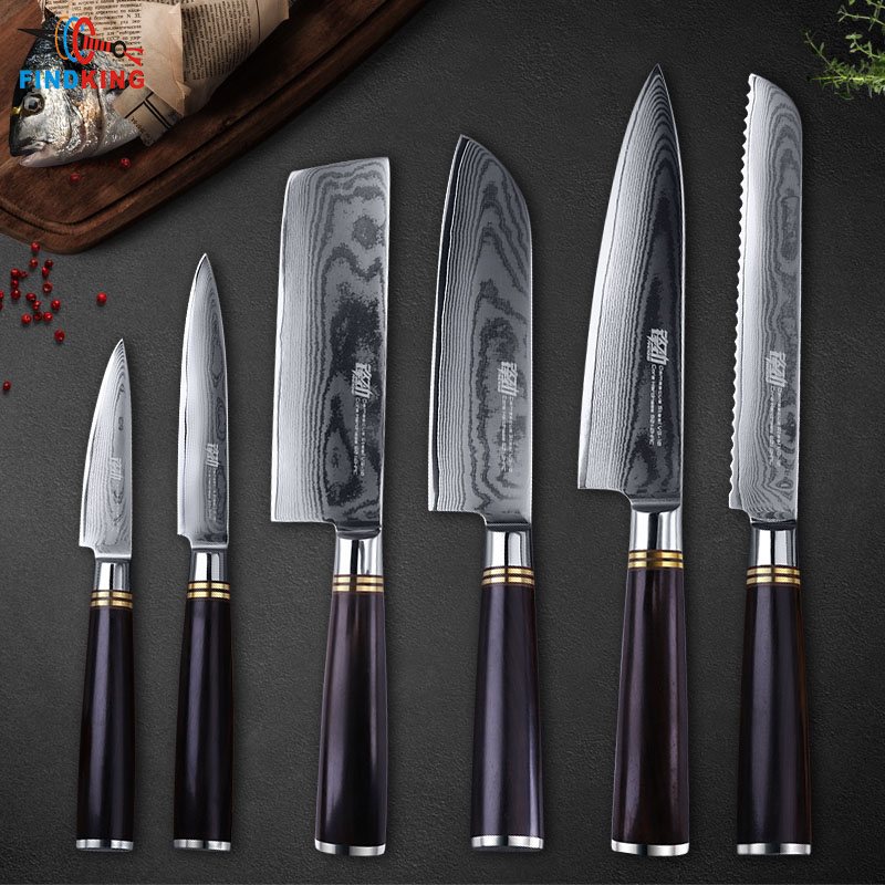 Kitchen 6pcs Damascus knives set Sharp Blade Chef damascus Knife Sets Santuko Bread Nakiri Utility knife cooking tools