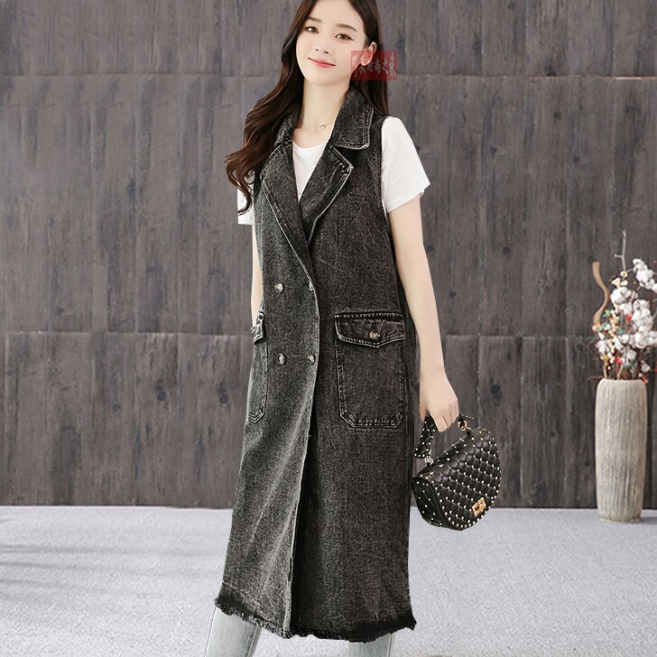 Chaleco vaquero largo con bolsillos grandes para mujer, chaqueta sin mangas de talla grande, color negro, a la