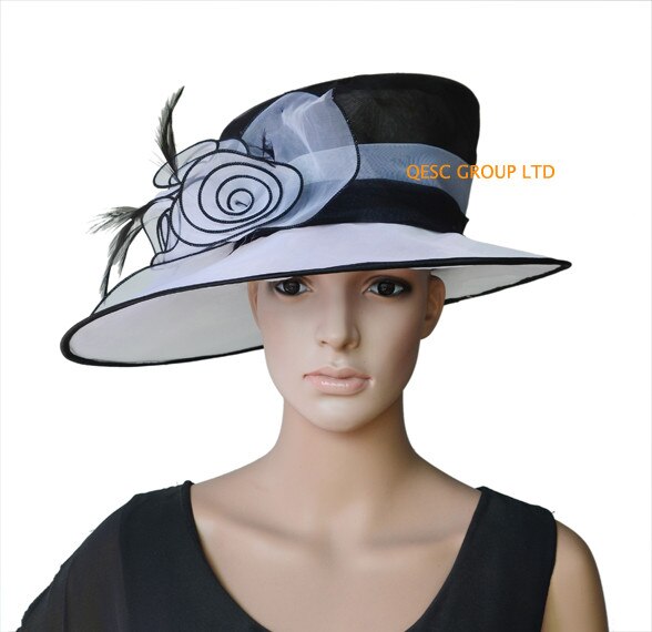 Atacado novo branco preto aba larga organza chapéus chapéu chapéu da igreja para kentucky derby, casamento chapéu feminino, corridas. frete grátis.