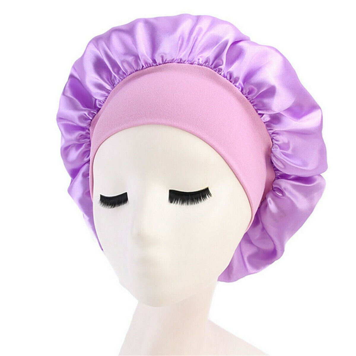 Silk Satin Night Sleep Cap Hair Bonnet Hat Head Cover Wide Band Adjust Elastic Hats For Household Fashionable Pure Supplies: Purple