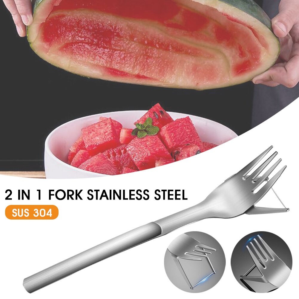 Rvs Watermeloen Slicer Cutter 2 In 1 Vork Mes Fruit Snijgereedschap Keuken Gadgets Accessoires Gebruiksvoorwerpen Voor Keuken