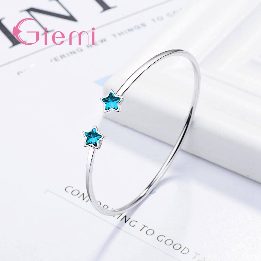 Pulsera abierta de Plata de Ley 925 para mujer, Simple, dos lindos, estrella azul, joyería de San Valentín, de amor