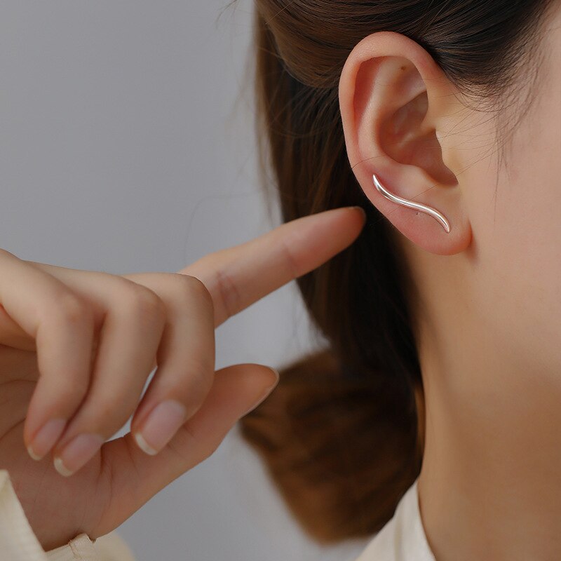 Ægte 925 sterlingsølv wave ear climber øreringe simple crawler øreringe smykke klips på øreringe til kvinder piger