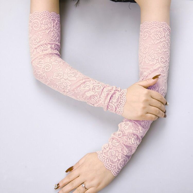 Calentador de brazo largo para mujer, guantes de encaje con protección UV, guante sin dedos, mangas protectoras de sol transpirables de encaje de hielo para verano: Morado