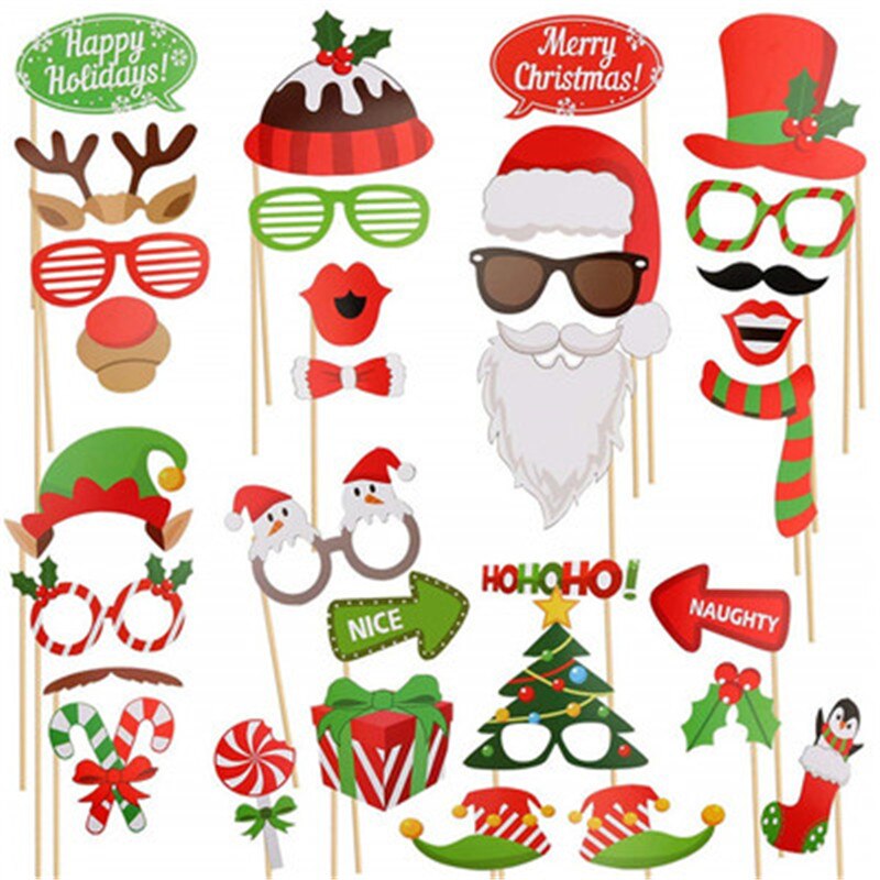 Kit de accesorios para photocall navideño de 32 Uds., feliz Cartel de Navidad, sombrero de Papá Noel, asta para Barba, adorno para el discurso, vacaciones, reunión familiar, decoración para
