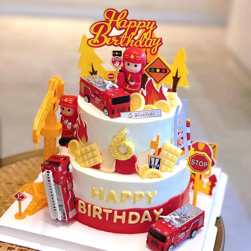 Fire Ladder Truck Water Tank Cake Topper Fireman kid 1st One Year Birthday Party Firefighter Hero Themed Birthday Boy Cake Decor