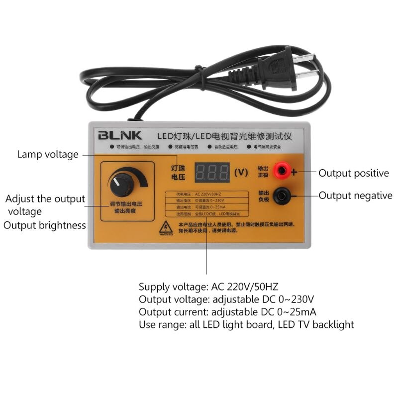 Probador de retroiluminación LED ca de 220V, tiras de lámpara LED, pantalla de retroiluminación, salida de pantalla de voltaje de prueba de 0 a 230V