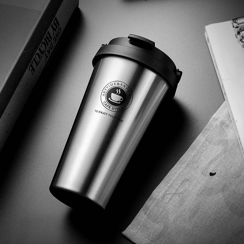 500ML Coffee Mug 304 Stainless Steel Travel Mug Double Wall Vacuum Insulated Tumbler Wide Mouth Tea Cup with Lid: Silver B