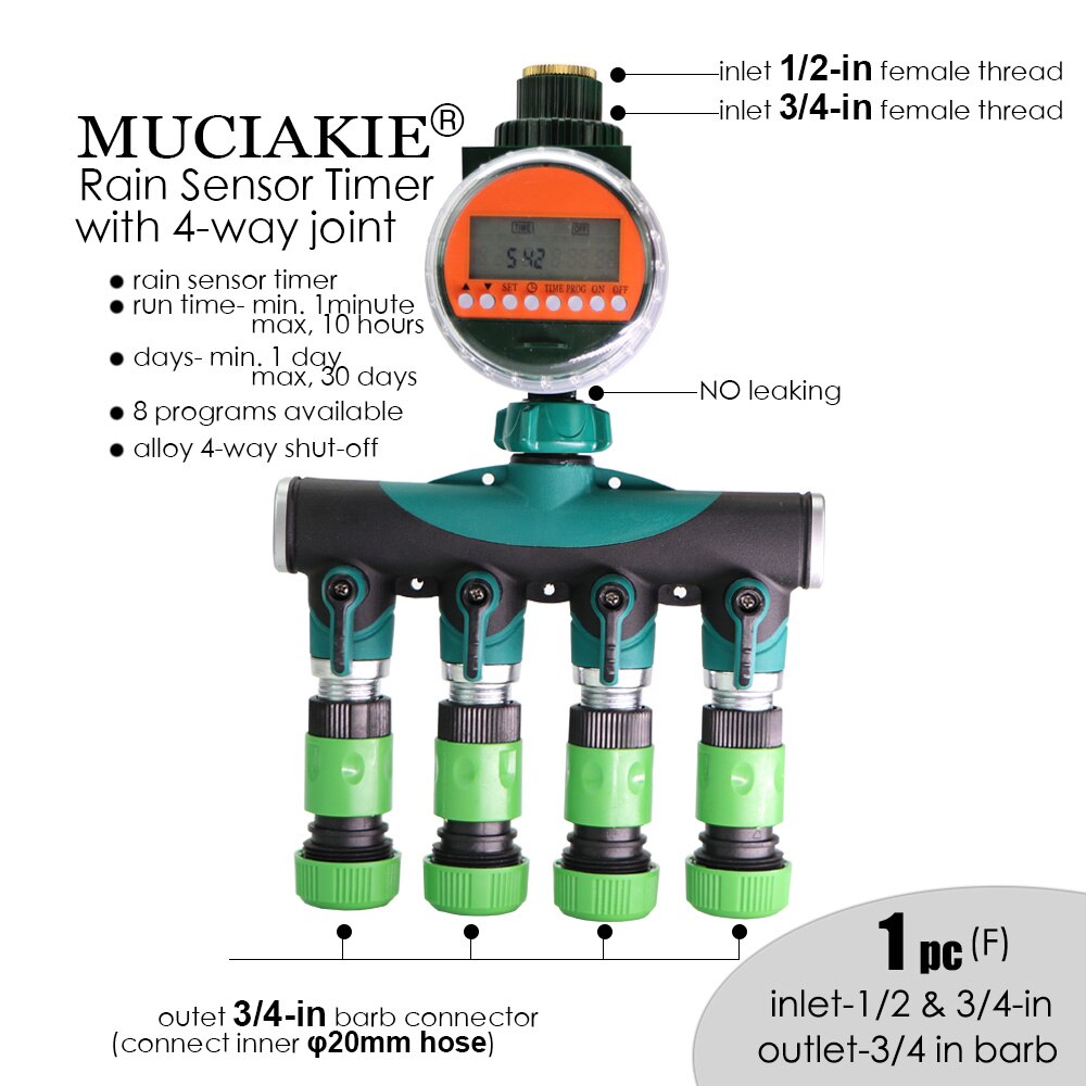 MUCIAKIE Automatic Rain Sensor Water Timer Alloy 4-Way Shut Off Electronic LED Display Garden Watering Controller Irrigation: timer alloy 4ways f