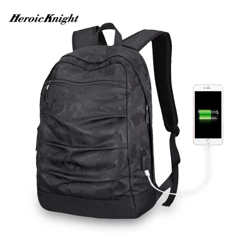 Heroic Knight USB Charging Laptop Backpack 17inch for Men Camo Black Masccline Bags Travel Backbags large Capacity Bag: Default Title