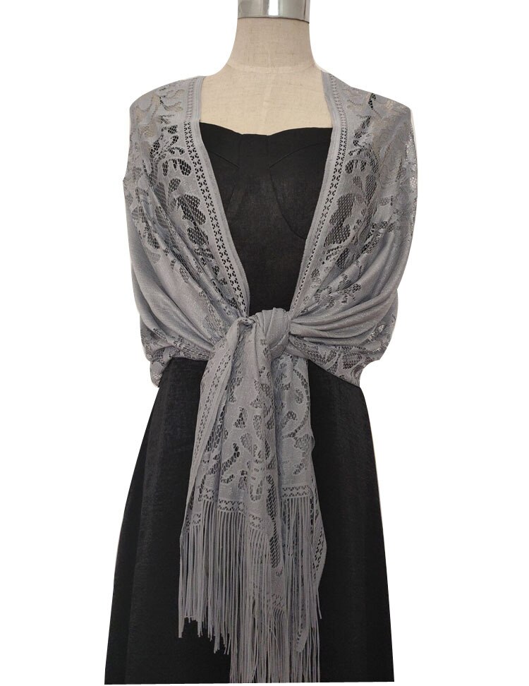 Kanten Sjaal Bruid En Bruidsmeisje Vrouwen Sjaal Wraps Party Holle-out Gehaakte Bloemen Tassel Tulle Sjaals Dames Retro Shawl: Grijs
