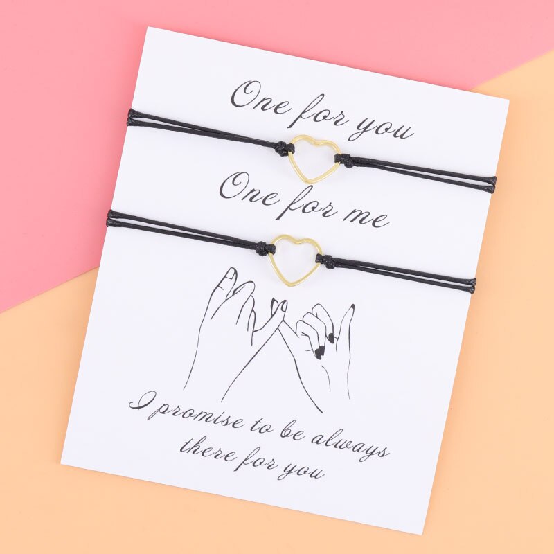 2Pcs/Set Adjustable Gold Heart Rope Bracelet Simple Gold Heart Couple Bracelet Women Men Red String for His &Her BFF: Black