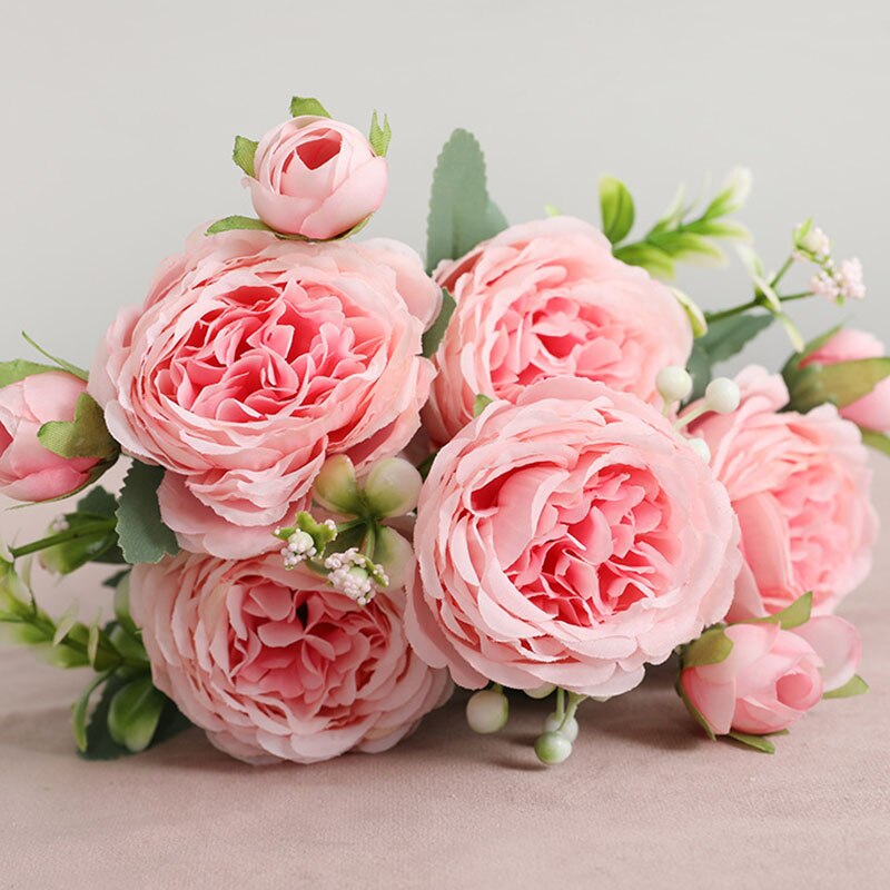 5 cabezas grandes rosas ramo de flores falsas para la decoración del hogar Decoración de la boda Rosa Blanca peonía flores artificiales: light pink