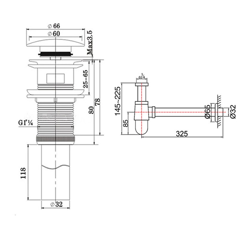 Brushed Gold Brass Pop-Up Basin Waste Drain, Basin Mixer P-Trap Waste Pipe Into The Wall Drainage Brass Vessel Or Ceramic Sink