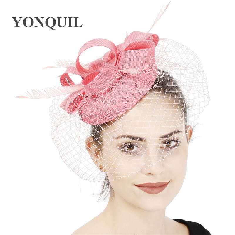 Roze veren bruidshoeden fascinators kerk bruidshoed met vogelkooinet gezichtssluier feest cocktailhoed voor vrouwen dame: Roze