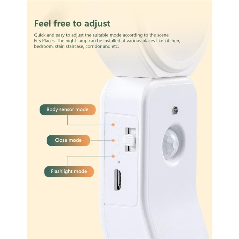Plastic Night Light Handy USB Charging Punch-Free Self-Adhesive Rotatable Lamp Indoor Kitchen Staircase Toilet Lighting Tool