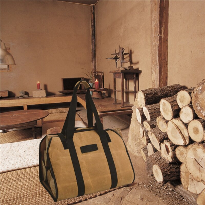 Porta troncos para leña, lona encerada, soporte de madera para chimenea, bolsa de mano GXMA