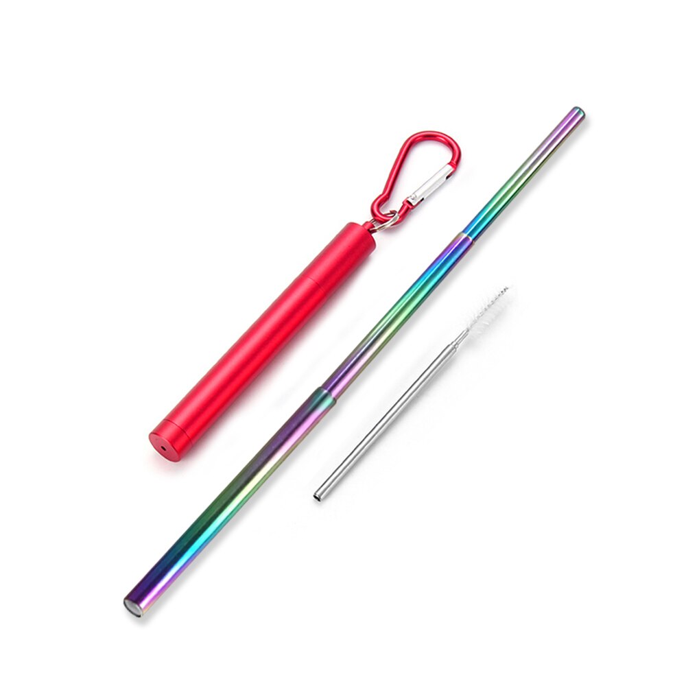 Roestvrij Staal Vouwen Stro Telescopische Rietje Pen Shaped Case Carabiner Herbruikbare Metalen Stro Reizen Picknick Drinkware