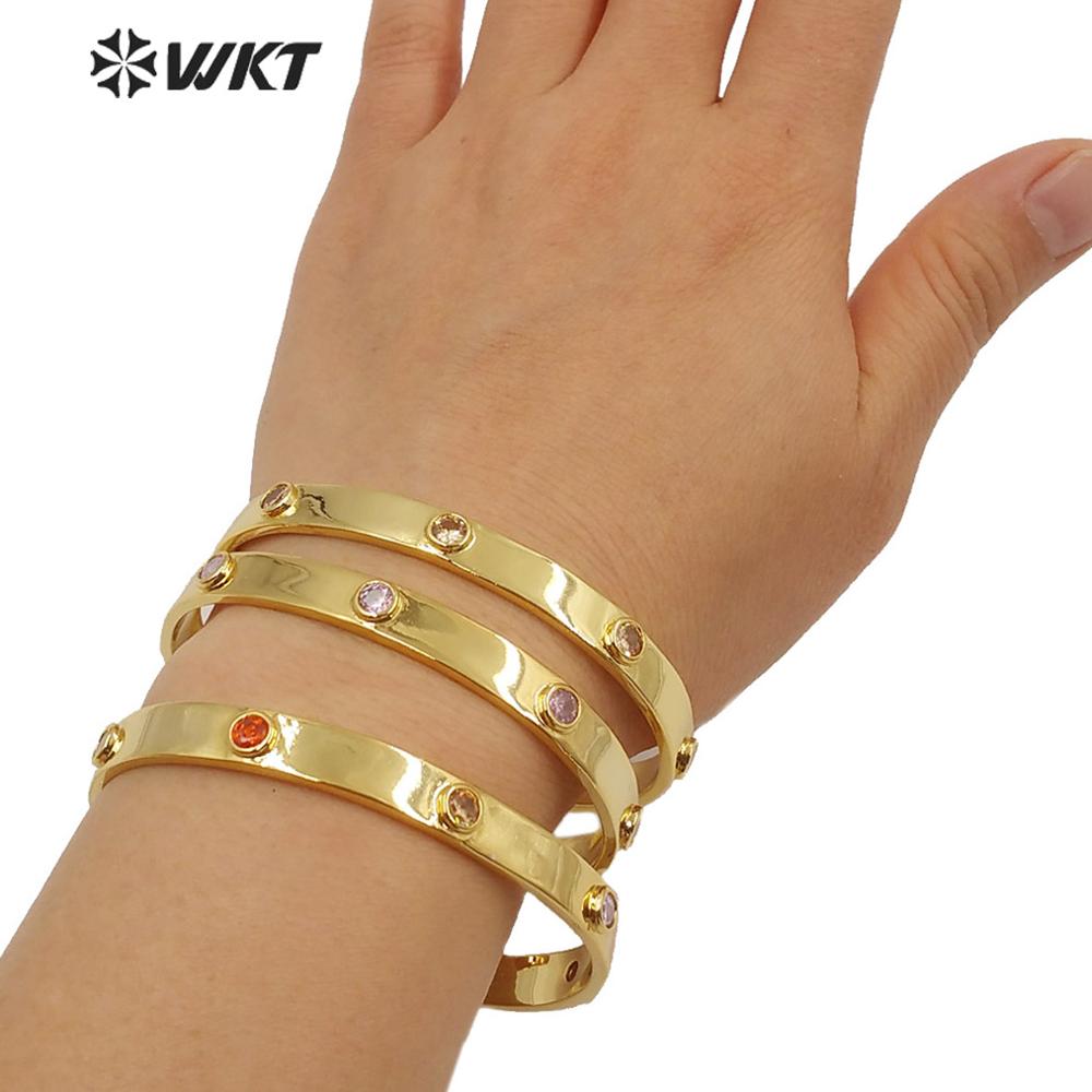 WKT Cuff Bracelet Women - Gold Color 7mm Wide - Round Cubic Zirconia - Engagement, Anniversary, Wedding, Party