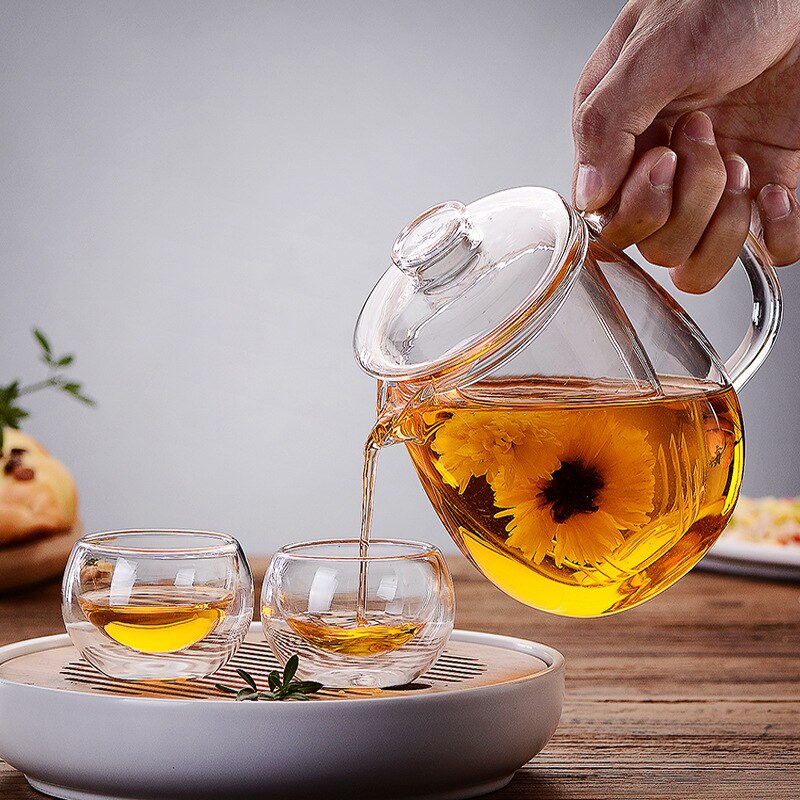 Heat Resistant Glass Tea Pot And Cup Set Glass Teapot With Filter Puer Tea Chinese Kung Fu Tea Set Flower Teapot Kettle mug