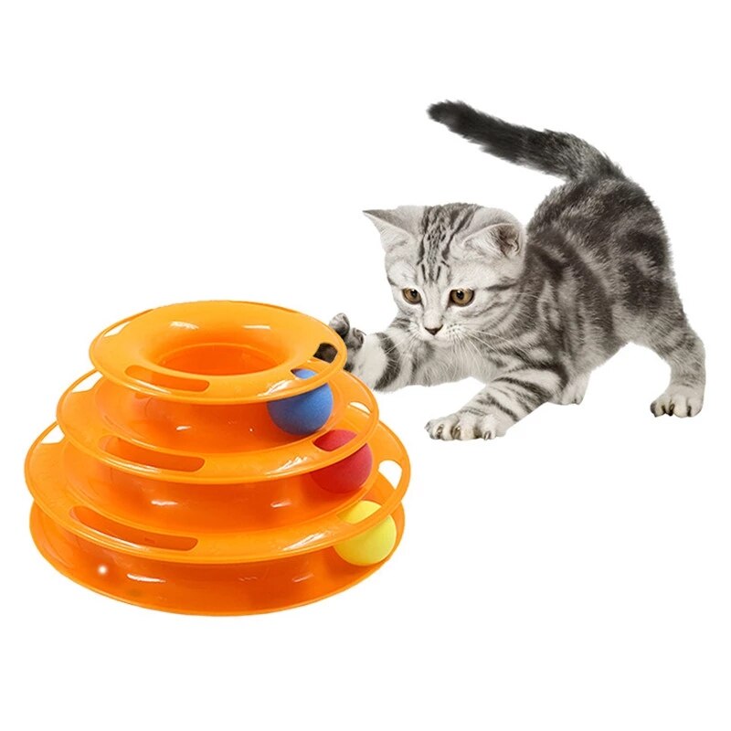 Torre de juguete de gato de tres niveles, juguete para gatos, disco de diversión, para entrenamiento de pelota