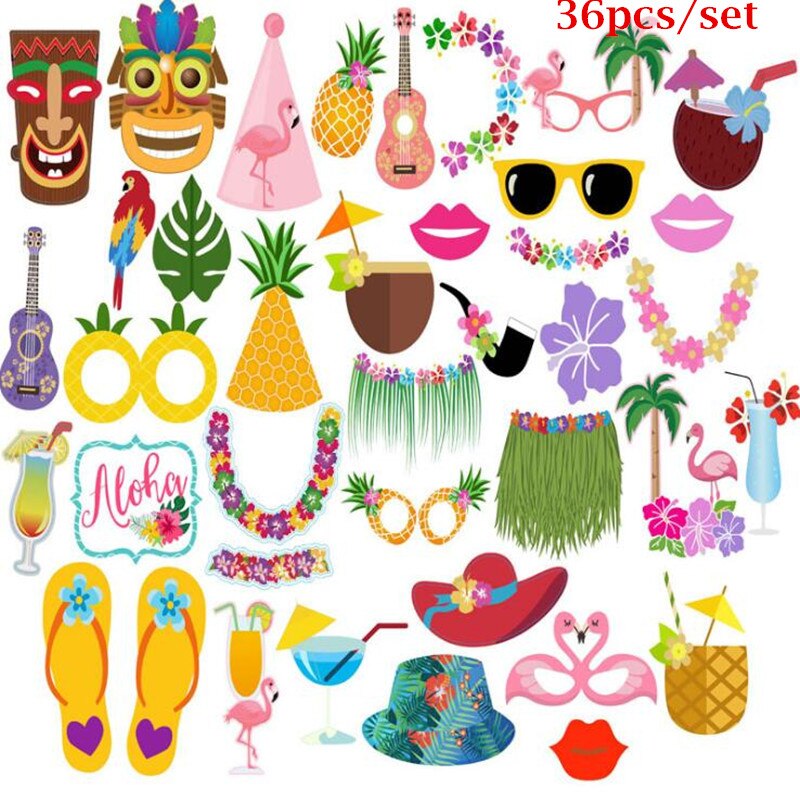 Hawaii Photo Booth Props Hoed Zonnebril Guirlande Papier Foto Props Zomer Tropische Feestjurk Decoratie: 36pcs