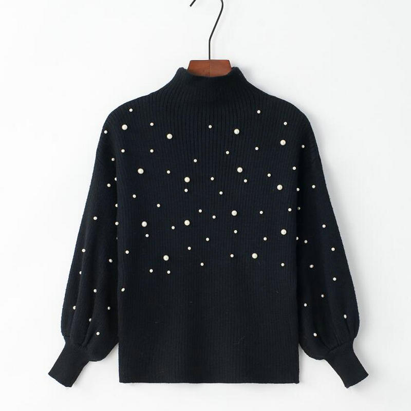 Autumn Winter Pearl Beading Sweater Women Pullovers Stand Collar Knit Jumper Casual Tight Cropped Sweater Three Quarter Sleeve: Black