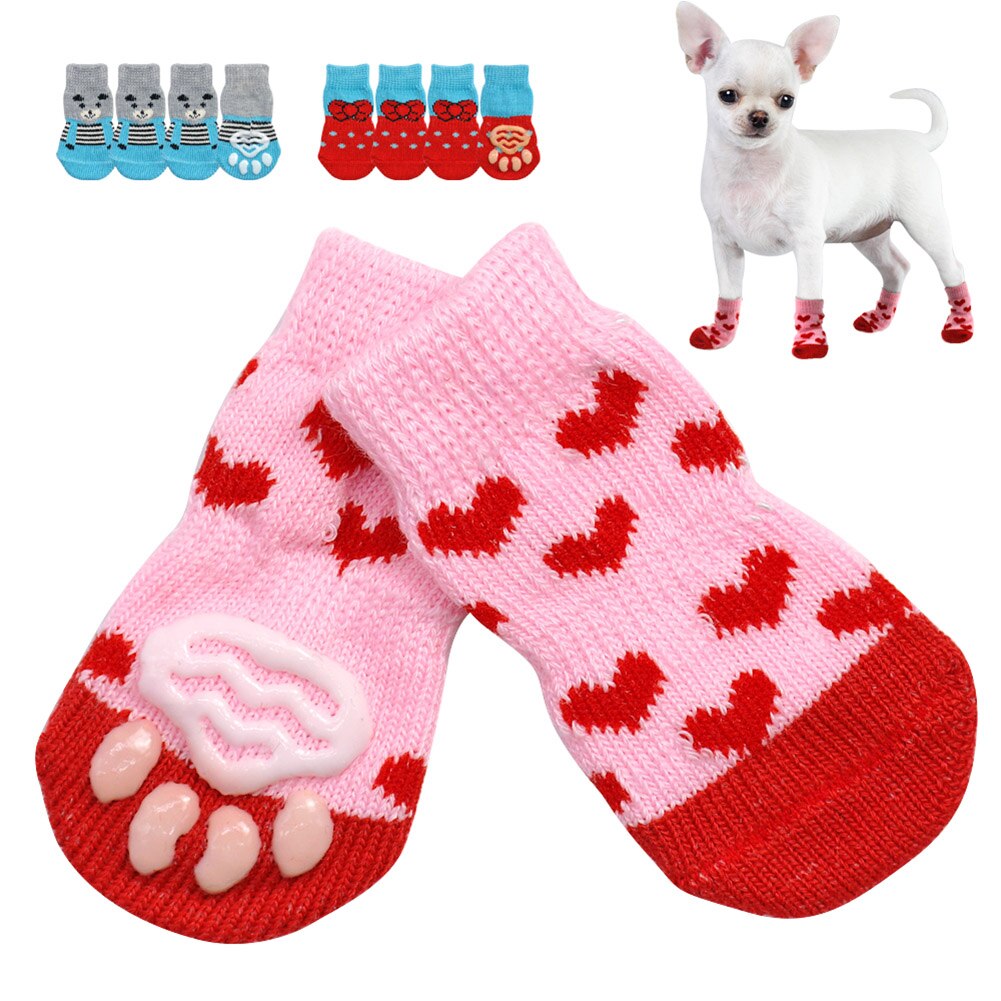 Söpö koiranpentu koiran kengät liukastumista estävät neulotut sukat pienet koirat kissan kengät chihuahua saappaat talven sisäkäyttöön slip on tassun suoja 4 kpl
