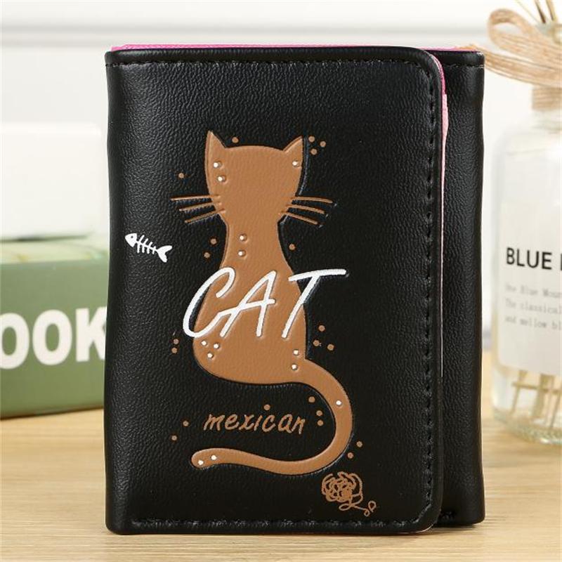 Mcneely Girl Mini Purse Short Cat Pattern Women Wallet Zipper PU Leather Ladies Students Card Holder Carteras