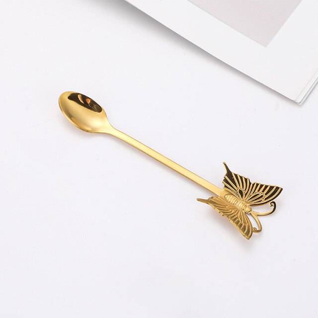 Dessert Cake Fork Stainless Steel Coffee Spoon Butterfly Fruit Fork Milk Shake Spoon Reusable Spoon Smoothie Spoon: Gold-Spoon