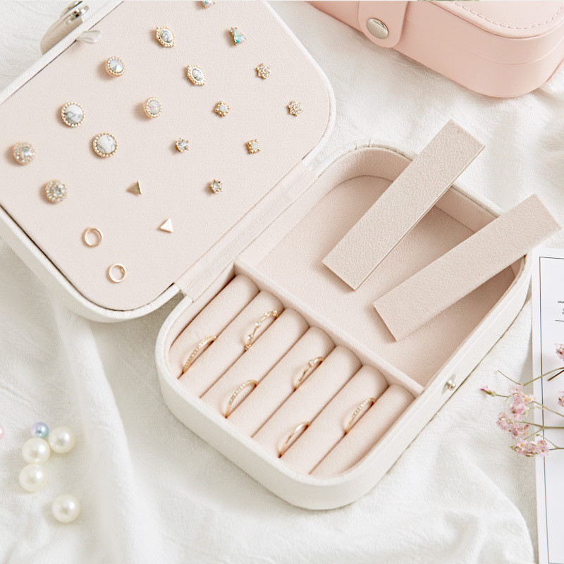 Koreaanse Stijl Verse En Eenvoudige Meisje Oorbellen Plaat Sieraden Doos Portable Lederen Oorbellen Ring Multifunctionele Sieraden Opbergdoos