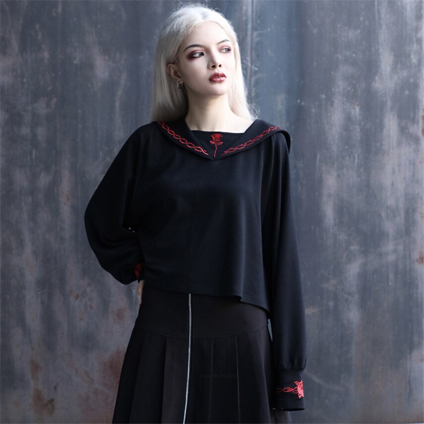 Gothic Girl High School Embroidery Uniforms Japan Version JK Short Tops Shirt Woman Long Sleeve Black Sailor Costumes