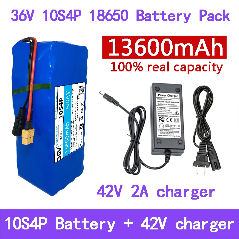 36V Batterij 13600Mah Echte Capaciteit 10S 4P Xt60 18650 Lithium-Ion Batterij 13.6ah 500W 1000W Voor 42V E-Bk Bms 2a Oplader