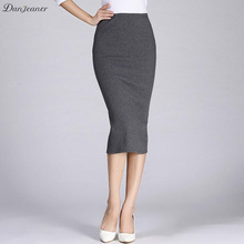 Danjeaner Vrouwen Formele Werk Hoge Wasit Gebreide Katoen Potlood Rokken Elastische Solid Slim Lange Rokken Split Pakket Hip Maxi Sketches