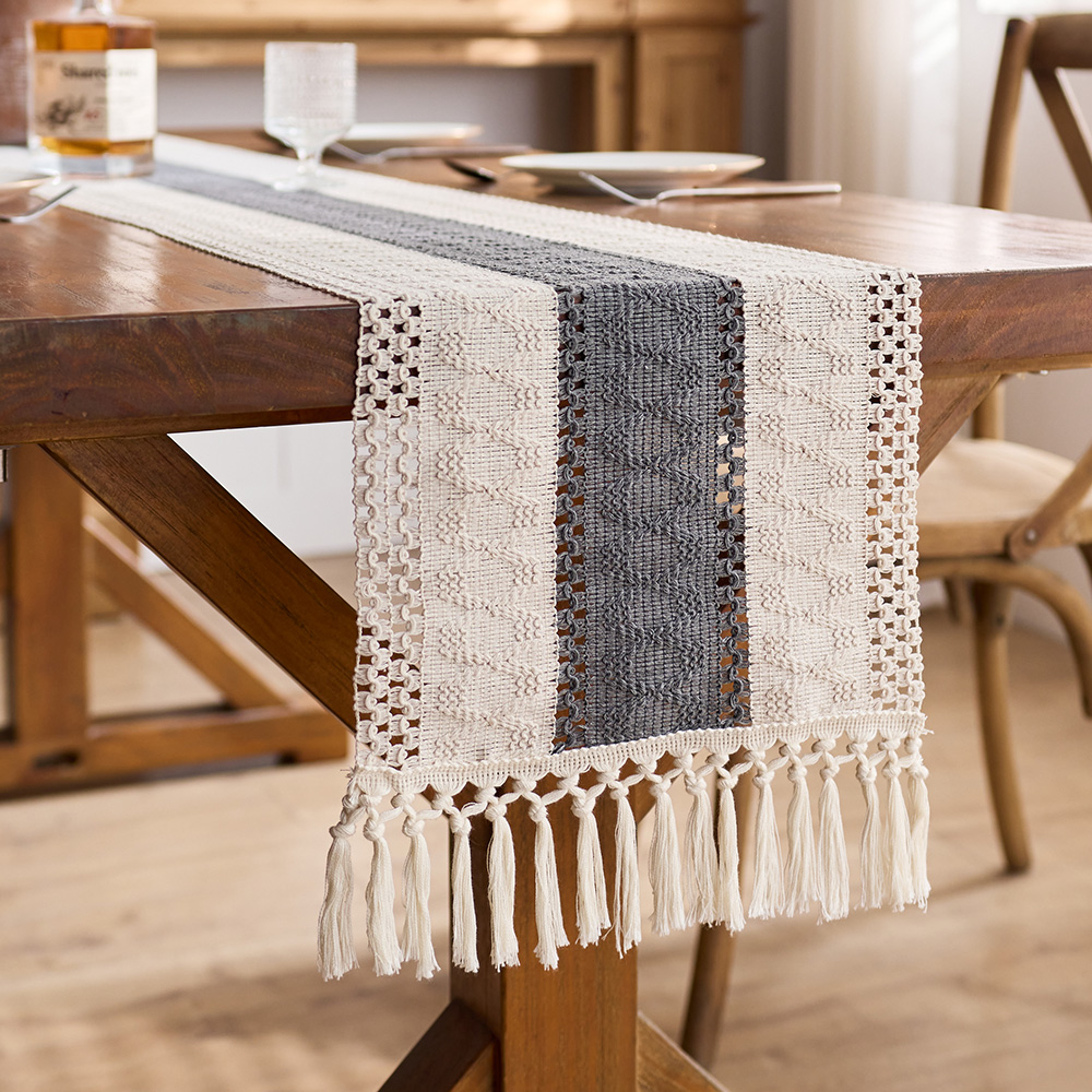 Bohemisk bordslöpare för heminredning makramé krämfärgad och brun bordslöpare i lantlig stil med tofsar för bohemisk matsal och sovrumsinredning: 35*180cm / Silver-