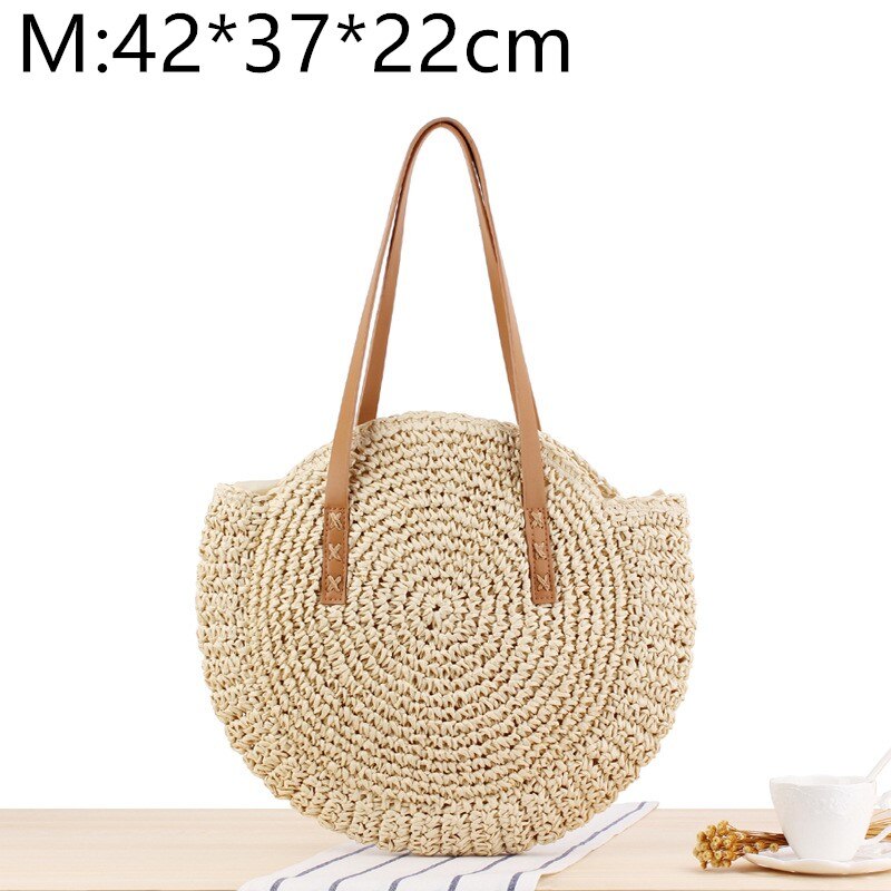 Bolso de playa de paja para mujer, bolsa de rafia tejida a mano de estilo bohemio e informal y con redondo para el verano: Beige  M