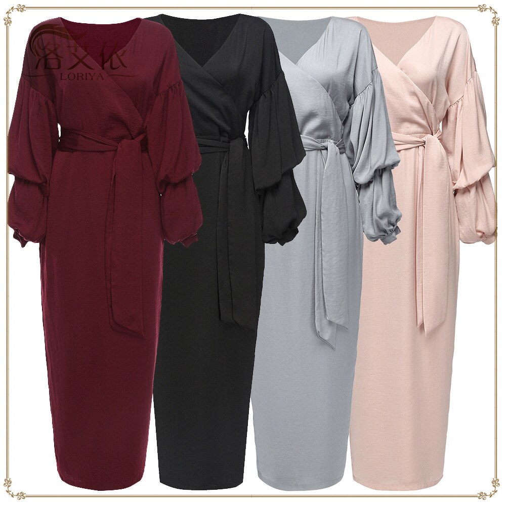 Autumn Muslim Abaya Dress Women Slim Maxi Hijab Dresses Islamic Clothing Puff Sleeve Dubai Moroccan Kaftan Elbise Solid Color