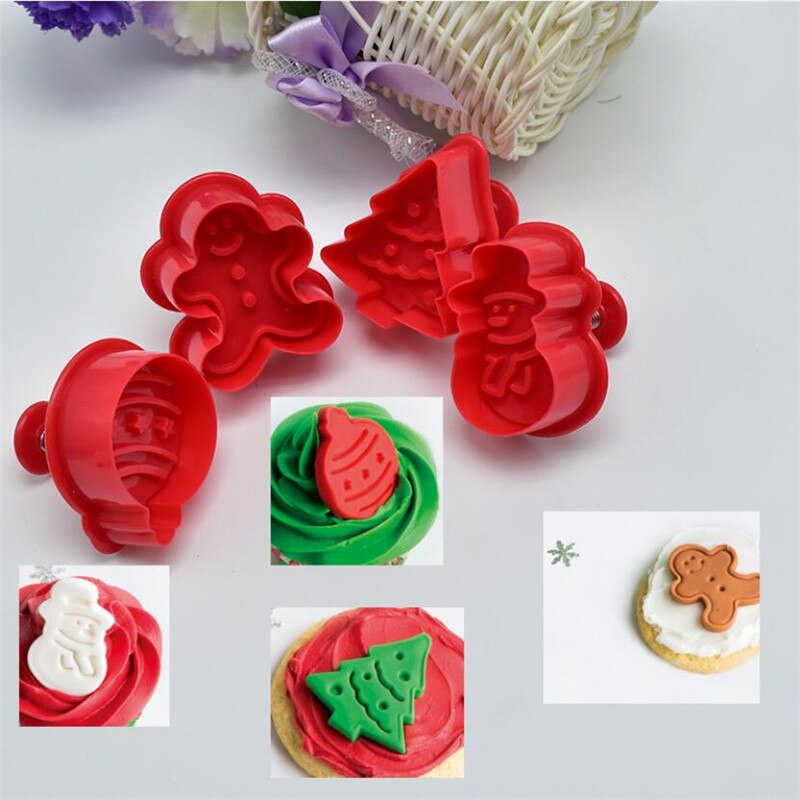 4 Stks/set Kerstboom Cookie Cutter Gingerman Fondant Cake Biscuit Cutter Stamp Mold 3D Taart Decoreren Gereedschappen Bakvormen
