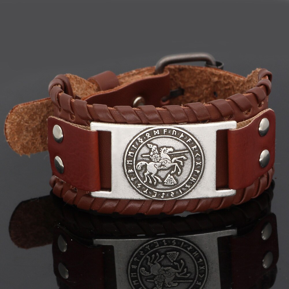 nordisch Wikinger Odin reiten Sleipni Rune leder amulett Armbinde-einstellbare größe 19-31 cm: yinzon