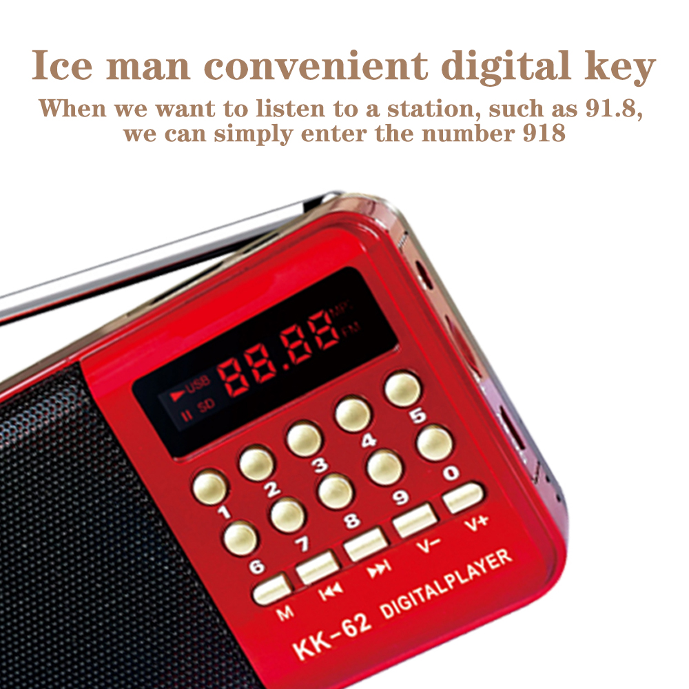 Roter Mini-FM-Radio, 70 MHz–108 MHz, Multifunktionsradio, LED-Display, MP3-Player, unterstützt Kopfhörer/TF-Karte/U-Disk zum Musikhören
