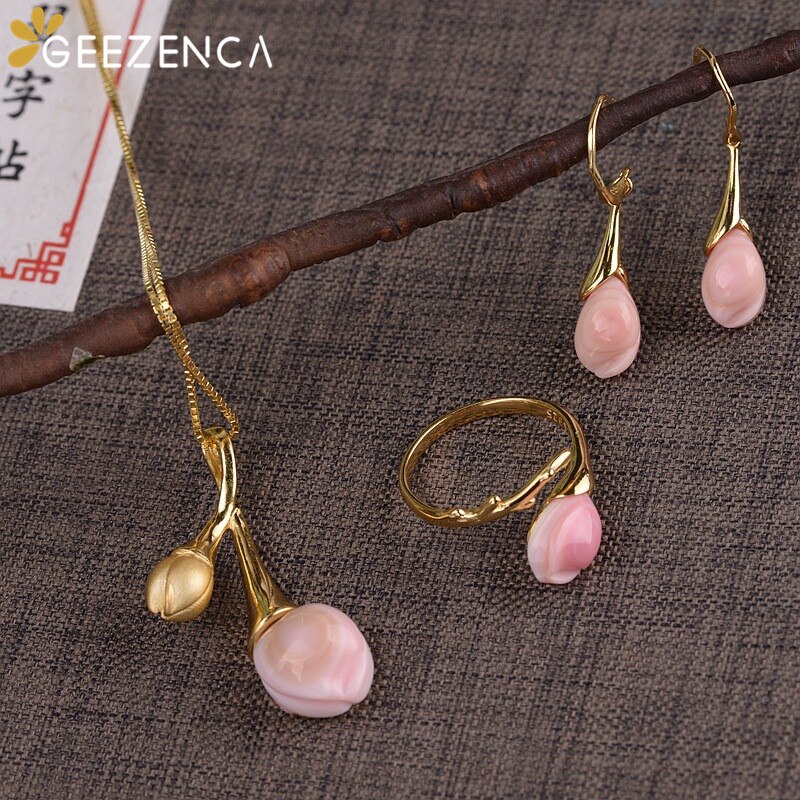 925 Sterling Zilver Roze Shell Magnolia Bloem Ring Oorbellen Ketting Sieraden Sets Vrouwen Originele Handgemaakte Craft Trendy