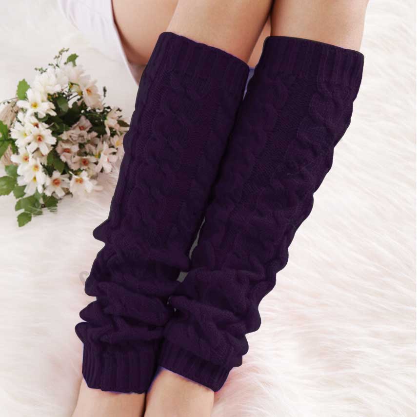 Kvinder afslappet stil hæklede benvarmere aktive strikkede hæklede lange sokker khaki bløde boot manchetter: Lilla