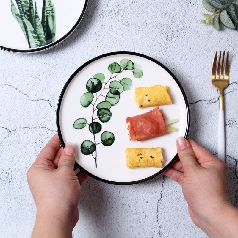 Green Plant Ceramic Plate Nordic Minimalist Plant Pattern Dish Dessert Plate Kitchen Tableware Household Items