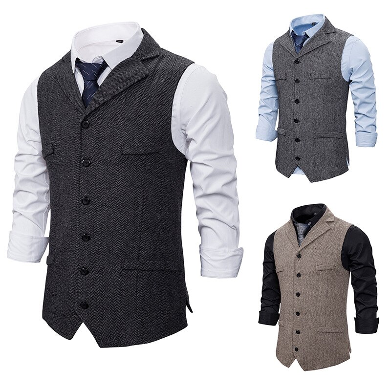 Autumn Business Vest Men's Clothing Male Lapel Casual Men Suit Vest With Pockets Vest Outerwear Chaleco Hombre