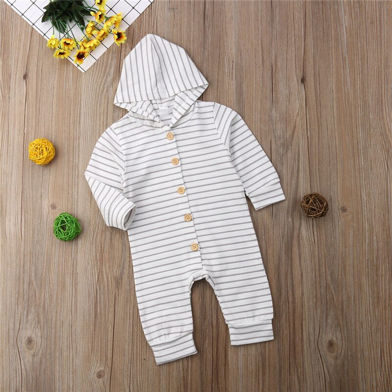 Pasgeboren Baby Jongen Meisje Gestreepte Romper Casual Peuter Zuigelingen Hooded Lange Mouwen Breasted Slanke Jumpsuit Kleding Kids Outfits