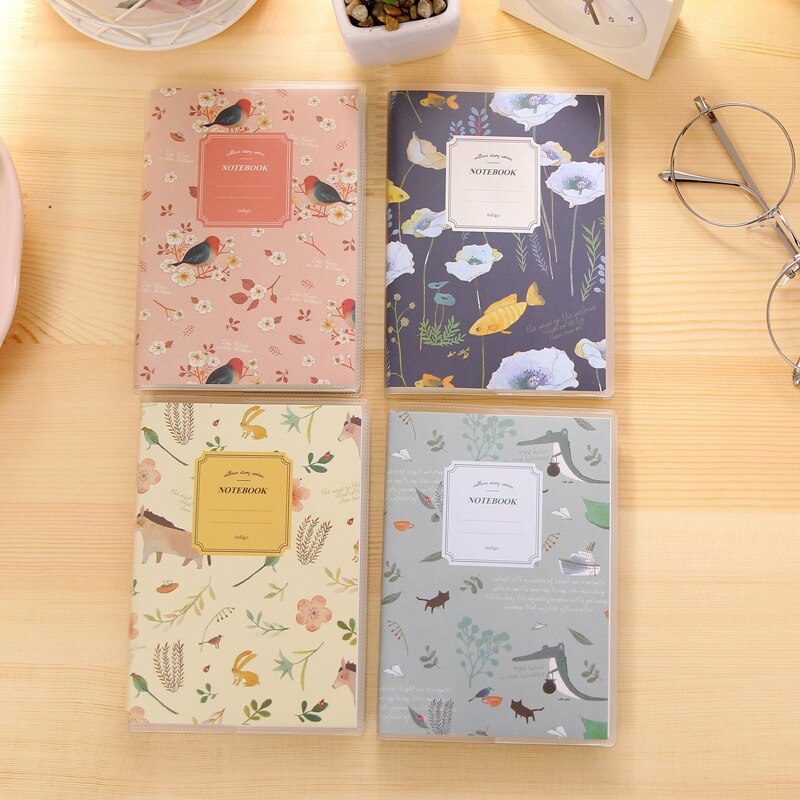 4 piece/set Student notebook plastic hardcover lined 128 pages Flower&Bird-series Small size kawaii Diary: Plant-Animal
