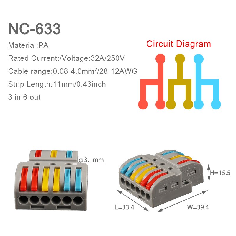 5PCS Quick Cable Splitter Push-in Wire Connector Universal Compact Conductor Wiring Terminal Block For ELECTRICAL Connection: NC633