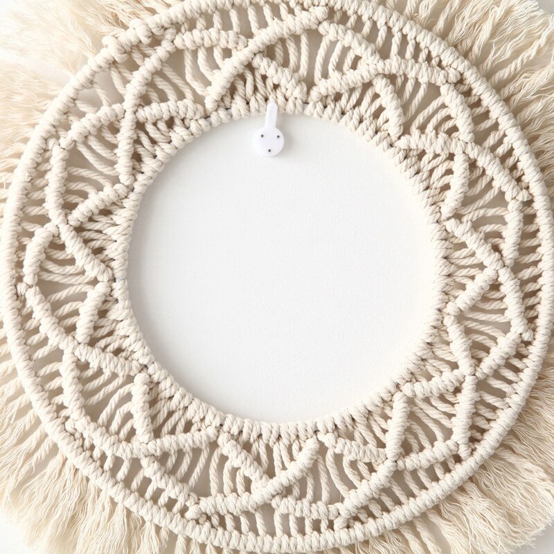 Marco de espejo de pared con borlas tejido a mano, tapiz de macramé bohemio, decoración colgante de pared redonda hueca para el hogar, decoración de habitación de niños