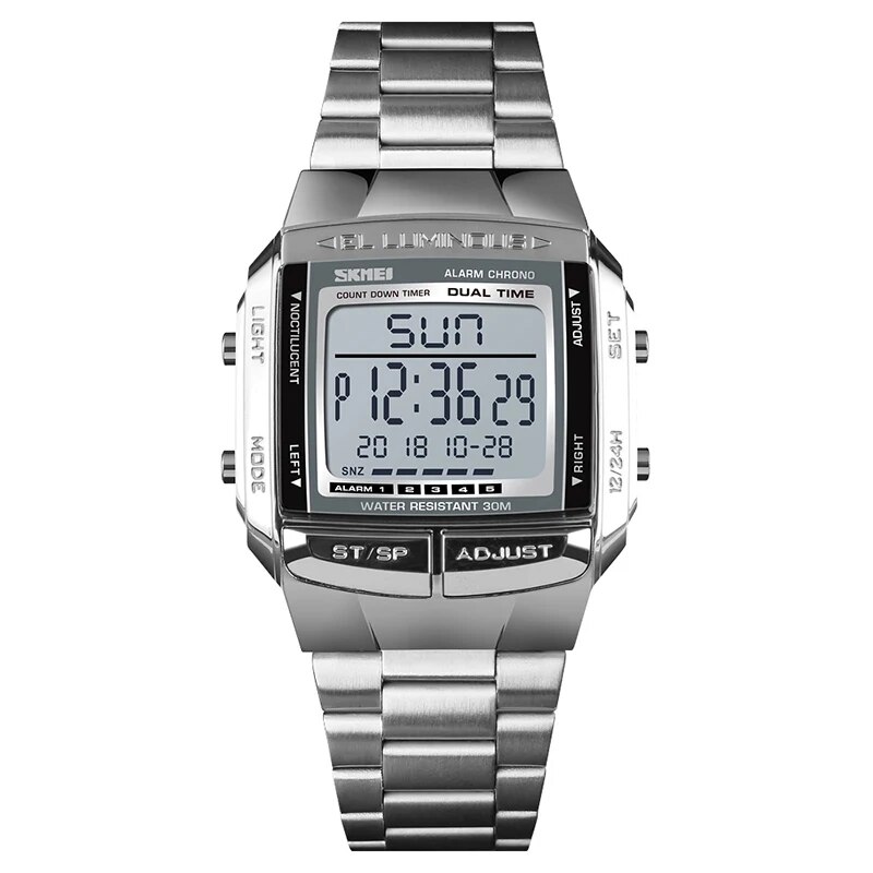 Skmei digitale sporthorloge voor heren met achtergrondverlichting, roestvrijstalen band, wekker, aftelfunctie en glazen spiegel, polshorloge: Rood